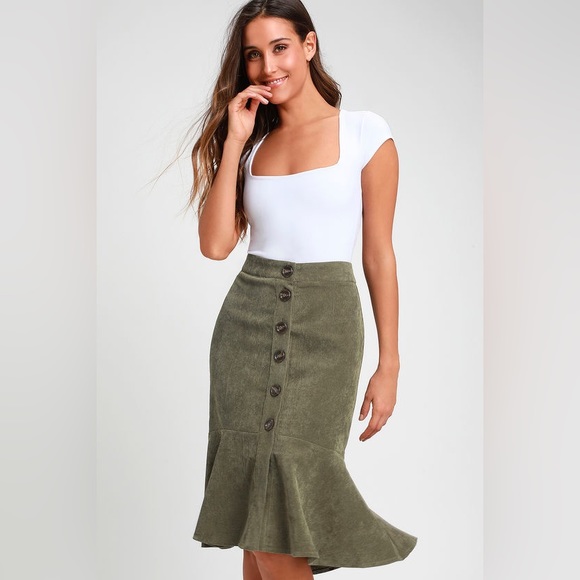 Lulus Dresses & Skirts - Lulus Doing My Thing Olive Green Corduroy Trumpet Hem Midi Skirt